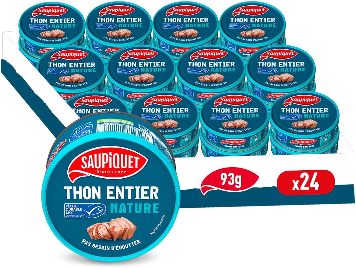 SAUPIQUET - Thon au Naturel - Thon Entier Nature - Moelleux & Savoureux - Issu d'une Pêche Durable Garantie MSC - 24 Conserves (93 g)