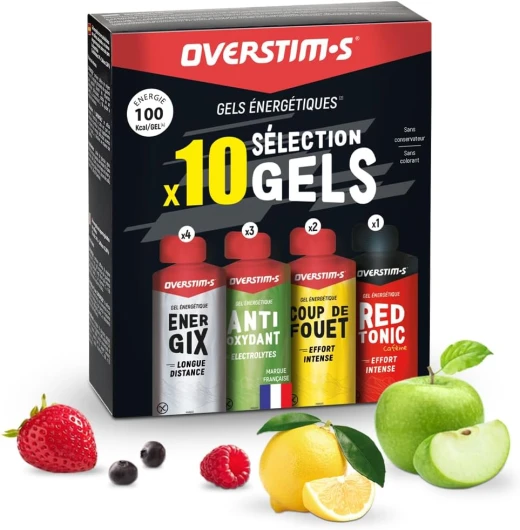 Overstim.s – Pack 10 gels - 4 gels Energix (Energie longue distance) - 3 gels Antioxydants (Limite les crampes) - 2 gels Coup de fouet (Energie instantanée) - 1 gel Red tonic (Efforts intenses)