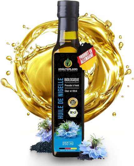 Kräuterland Huile de Nigelle Bio filtrée 250 ml - 100% pure, doucement pressée à froid, égyptienne, nigella sativa, végétalienne - fraîche du moulin directement du No - 1 Fabricant d'Allemagne