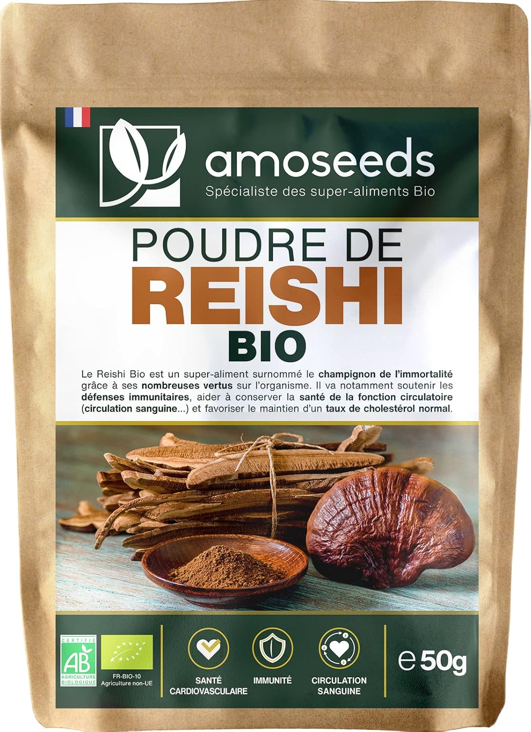 Reishi en Poudre Bio 50G - Slovénie - Immunité, Détente, Antioxydant - Qualité Supérieure