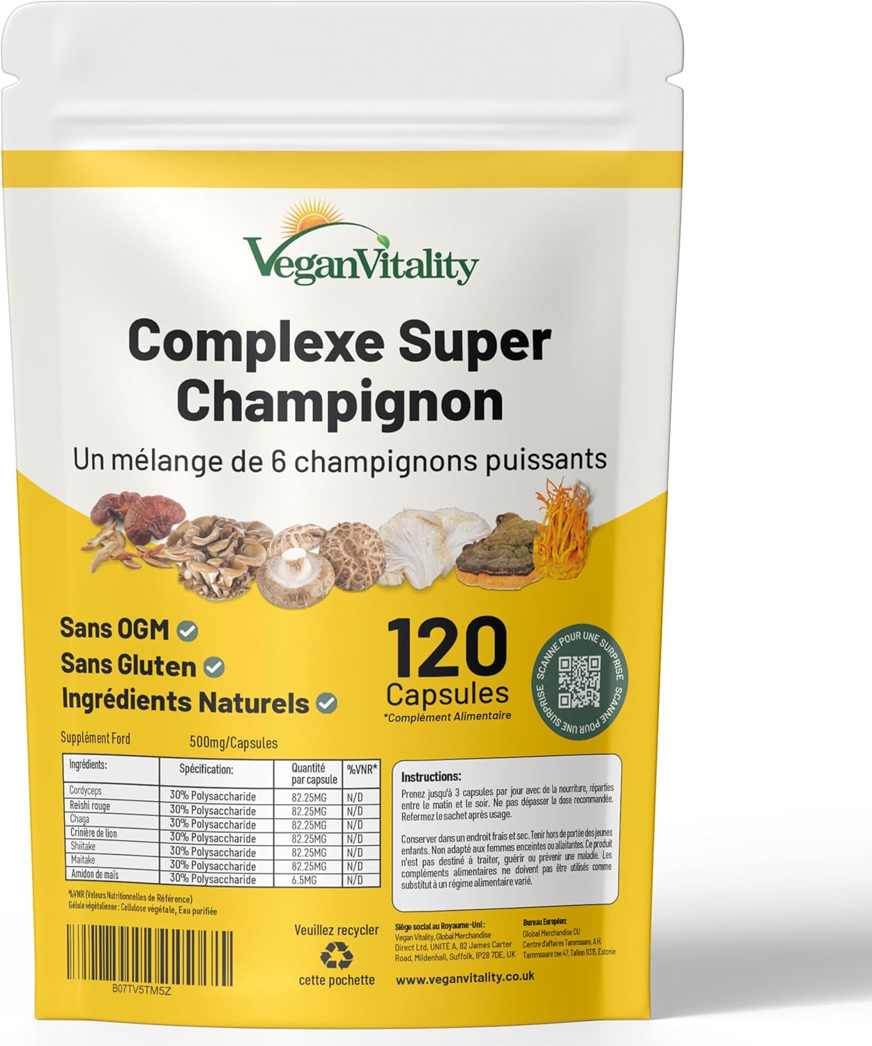 Suppléments à base de 6 champignons – Reishi, Lions Mane, Cordyceps, Chaga, Shitake and Maitake - 120 Capsules.