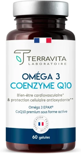 Oméga 3 Brevetés EPAX® + Coenzyme Q10 Ubiquinol Kaneka® - Poissons Sauvages - Système Cardiovasculaire - Immunitaire - Cérébral - TOTOX Ultra Faible - 60 Capsules - Made in France - Terravita