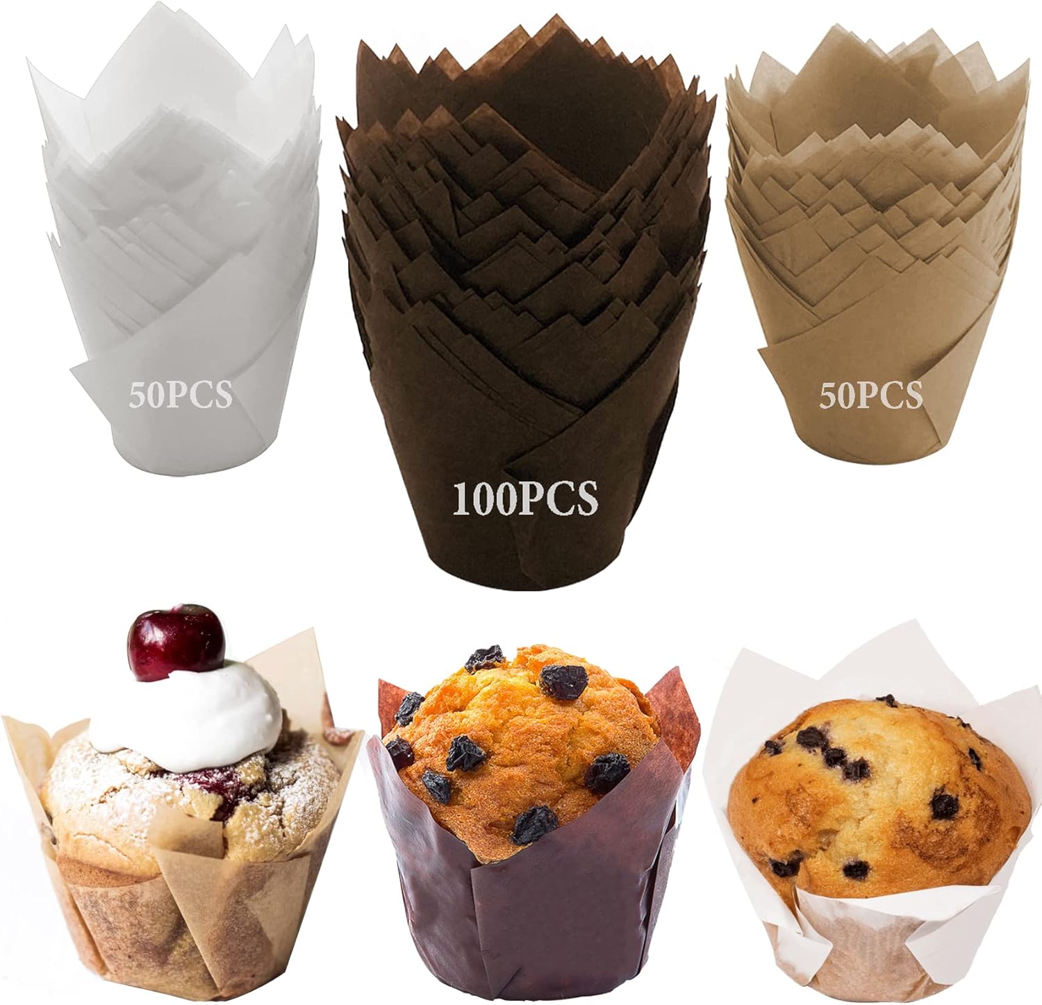 LUZOON Caissette Muffins Papier 200 Pièces, Caissettes Cupcake Tasses de Papier de Cuisson de Tulipe Caissette Muffins Papier Pour Cupcake, Mariage, Anniversaire, Fête (200 Pièces ①)