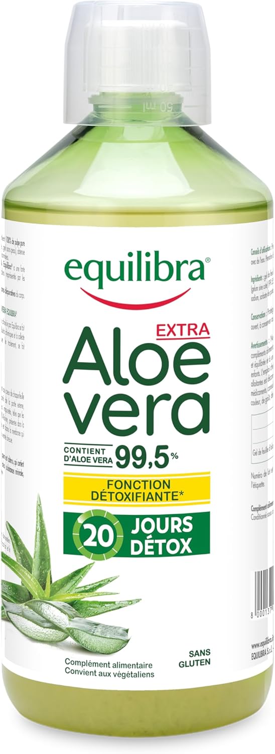 Equilibra Compléments Alimentaires, Aloe Vera Extra 99,5%, à Consommer Pur(e) ou Dilué(e), Aloin Free, Détox, Pure Pulpe, Sans Eau Ajoutée, Produit Végan, Sans Gluten, 1 Litre