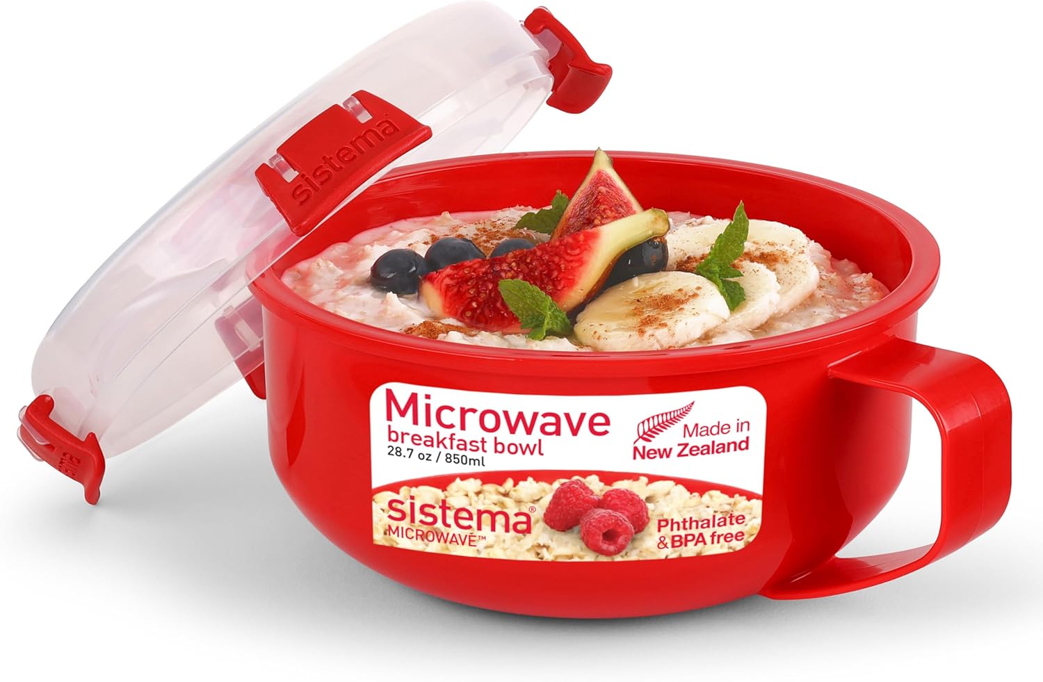 Microwave Bol petit-déjeuner - Récipient micro-ondes rond avec couvercle - 850 ml - Sans BPA - Rouge/Transparent - 1 pièce