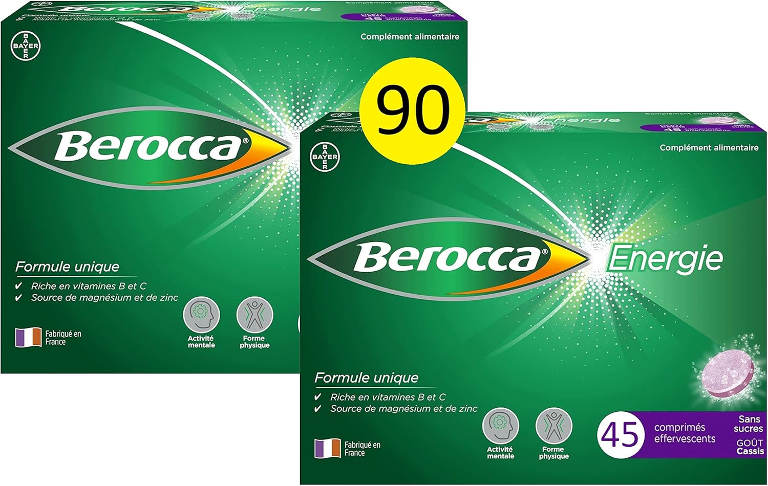 ® Energie Cassis- Multivitamines et Minéraux -Vitamine C, B3, B5, B1, B12, Magnésium et Zinc - Complément alimentaire - Aide à réduire la fatigue - 2X45 comprimés effervescents