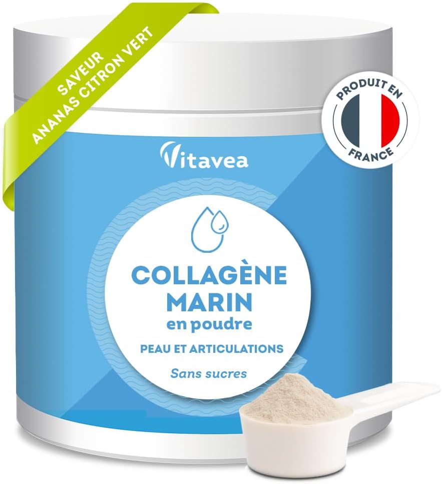 Collagène Marin Poudre 10 000mg - Peptides de Collagène Marin Hydrolysés Type 1 - Avec Vitamine C - Articulations, Peau, Anti-âge - Collagene Poudre Goût Ananas-Citron Vert - Sans sucre - Vitavea