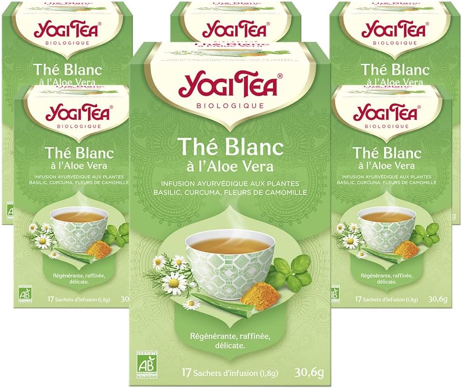 , Thé Blanc Bio à l'Aloe Vera, Mélange de Basilic, Curcuma et Fleurs de Camomille, 102 (6x17) Sachets de Thé