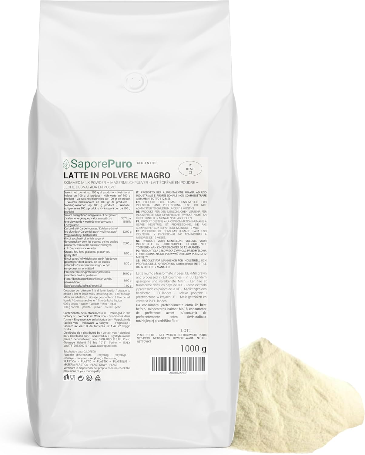 Saporepuro Lait écrémé en poudre 1 kg - idéal pour les desserts et les glaces