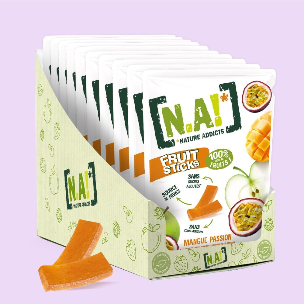 N.A, Nature Addicts - Sachet de Fruit Sticks passion mangue 40g - 100 purcent Issu de Fruits - Sans Sucres Ajoutés, Sans Édulcorants ni Conservateurs - Sachet Refermable à Emmener Partout - Lot de 10