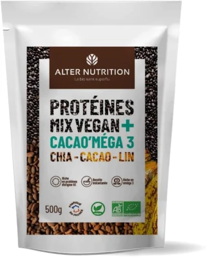 Protéines Mix Vegan Cacao’mega 3, Alter Nutrition, Mélange de 4 protéines végétales, Chanvre, Courge, Tournesol, Lin, associé à des superaliments lin, chia, cacao, (500g) (1kg)