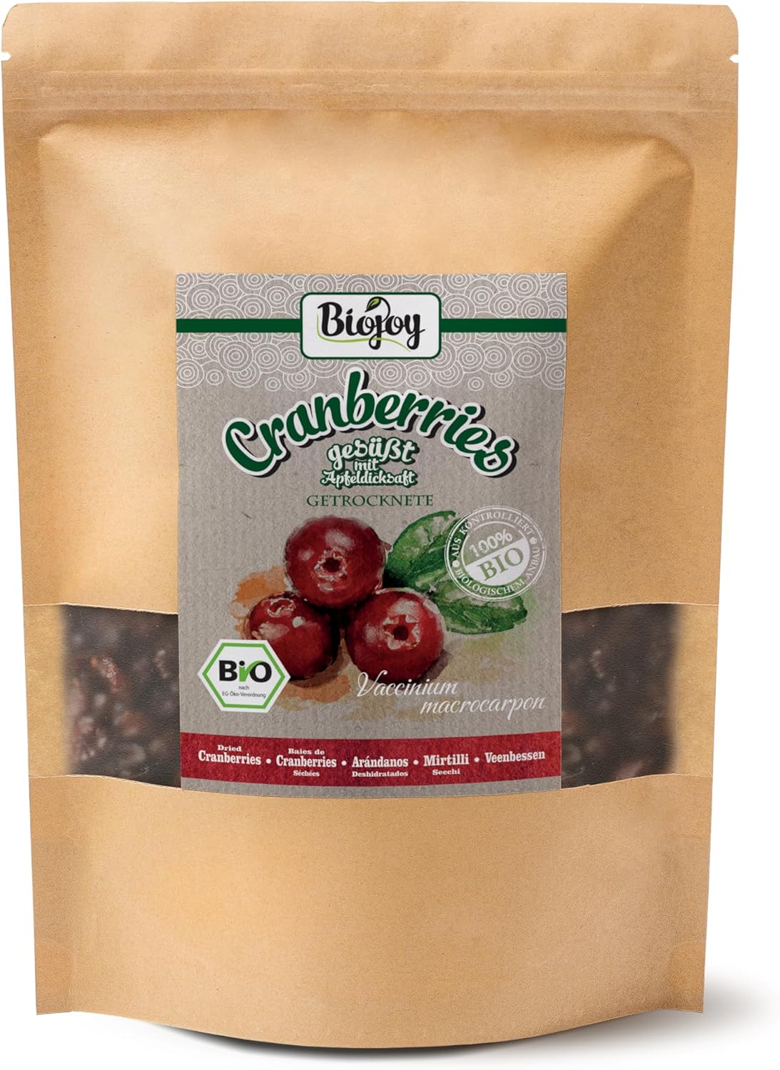 Canneberges séchées BIO (1 kg), entières, sucrées au jus de pomme