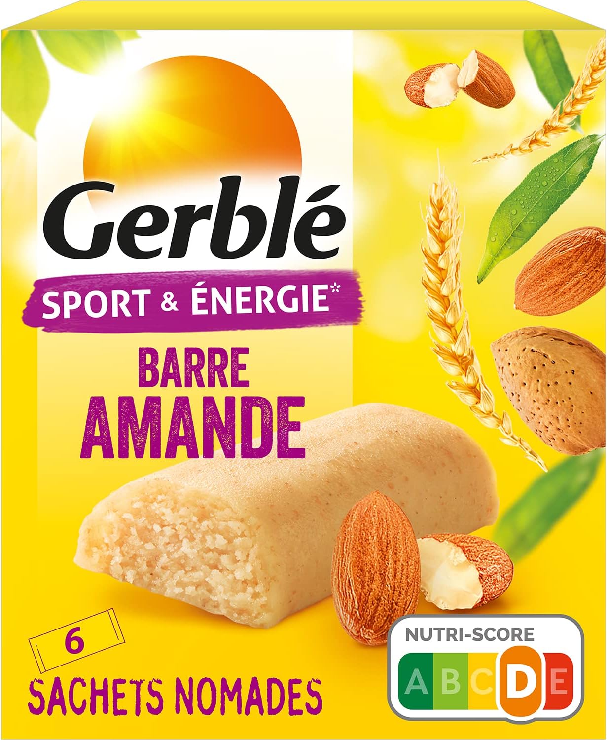 Sport et Énergie, Barres énergétiques aux amandes et germe de blé, Riches en glucides et en vitamine B1, 6 Emballages individuels, 150g, 204747