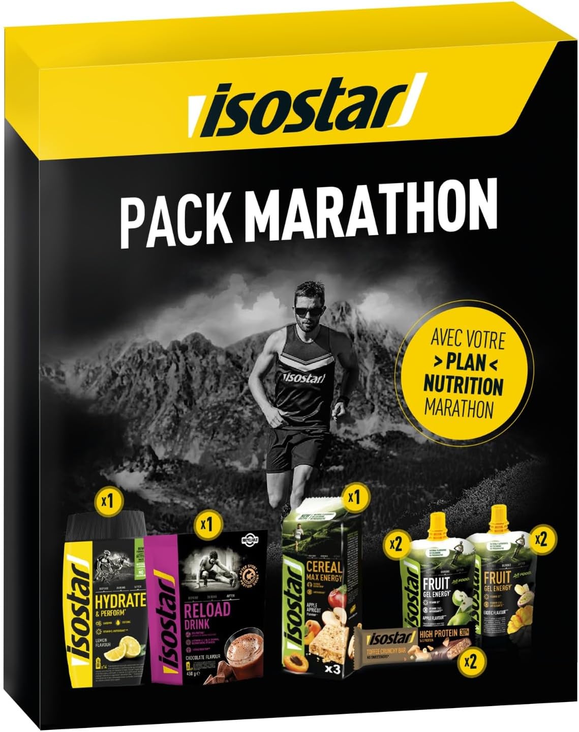 Isostar Pack Marathon - Pack Nutrition Complet pour répondre aux Besoins Nutritifs des Marathoniens, Assortiment boissons, gels et barres énergétiques, coffret 9 articles, 1.5 kg