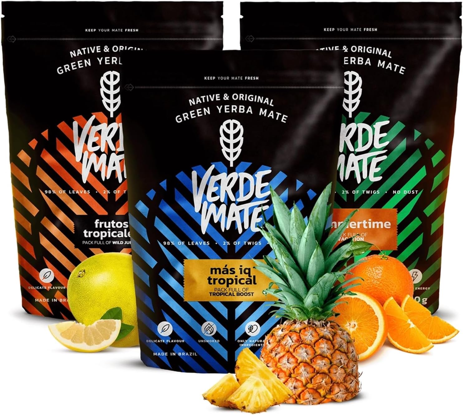 Yerba mate set Verde Mate Green - Trois paquets de yerba mate - Guarana, fruits tropicaux, ginseng - Yerba mate brésilien - Caféine naturelle - 3x500g - 1,5kg