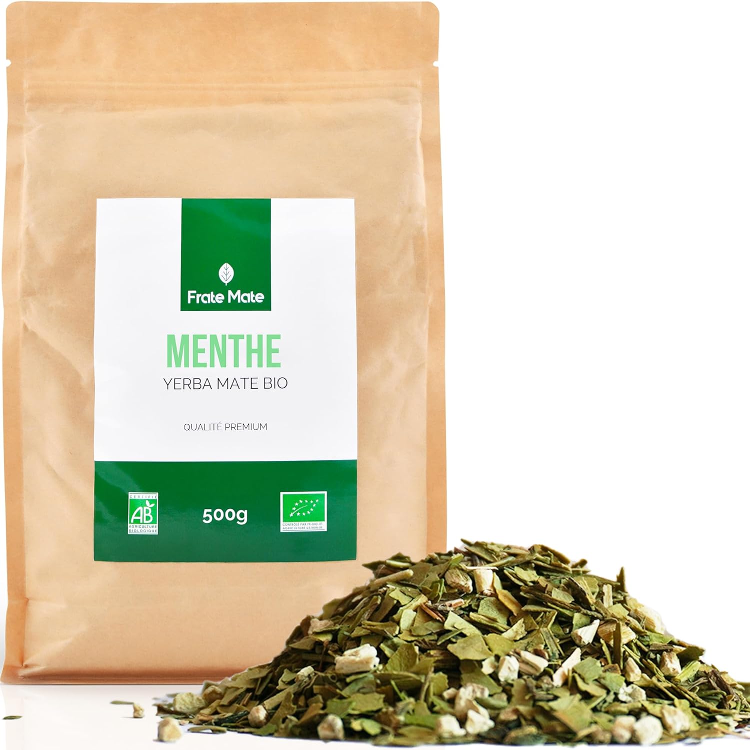 FRATÉ MATÉ Yerba Maté Menthe Bio 500G - Yerba Mate Vert sans Amertume - Boisson Maté Frais et Mentholé - Idéal pour débuter avec le Maté - 0 Poussiere