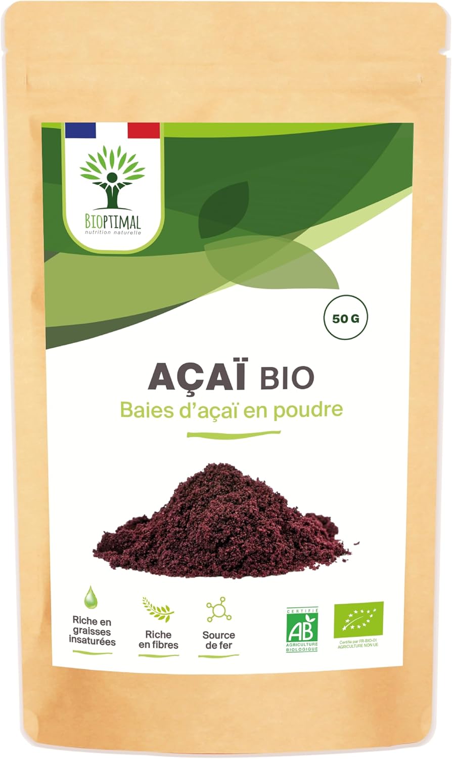 Açaï Bio en Poudre - Superaliment Riche en Fer Fibres Omega 9 - Puissant Antioxydant - Baie Lyophilisée de Qualité Prémium - 100% Pur Sans Sucre Ajouté - Conditionné en France - Certifié Ecocert - 50g