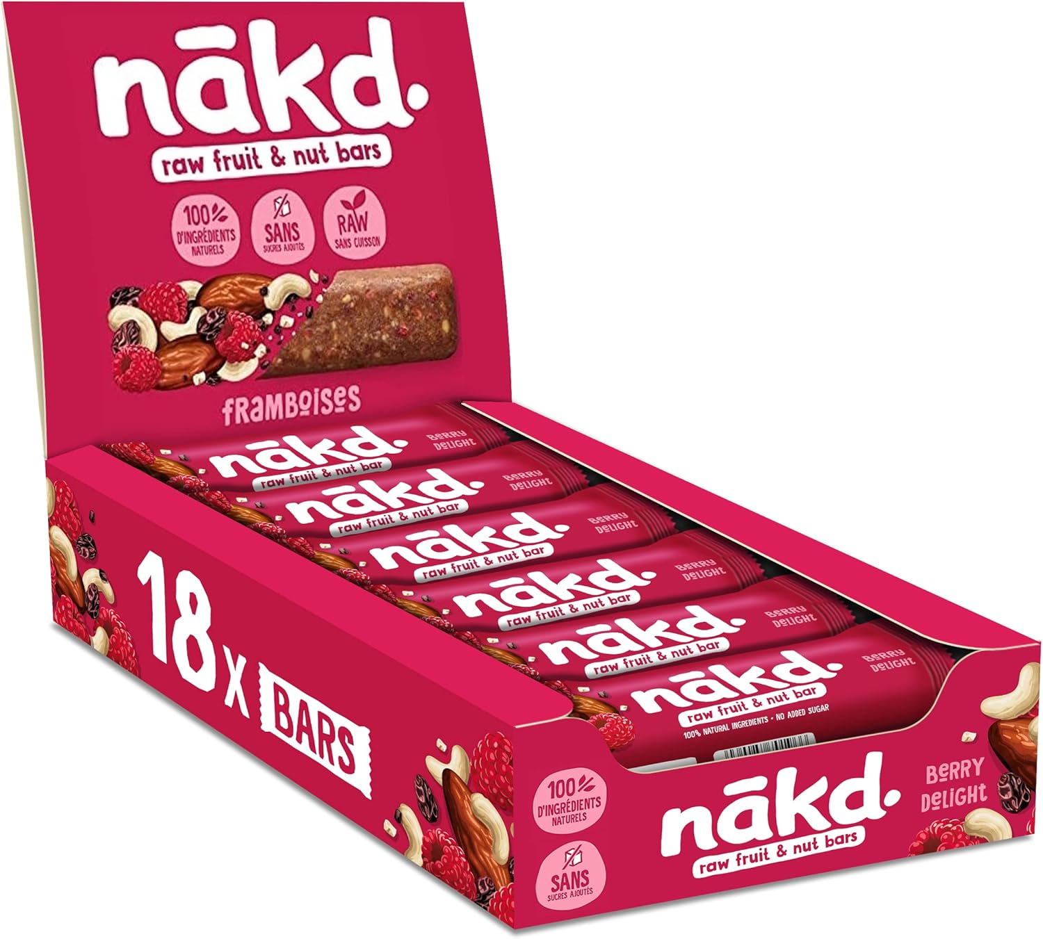 Nākd - Framboises - Raw Barres de Fruits et Noix - 100% D'ingrédients Naturels - Sans Sucre Ajoutés - Vegan - 18 x 35g - 630g