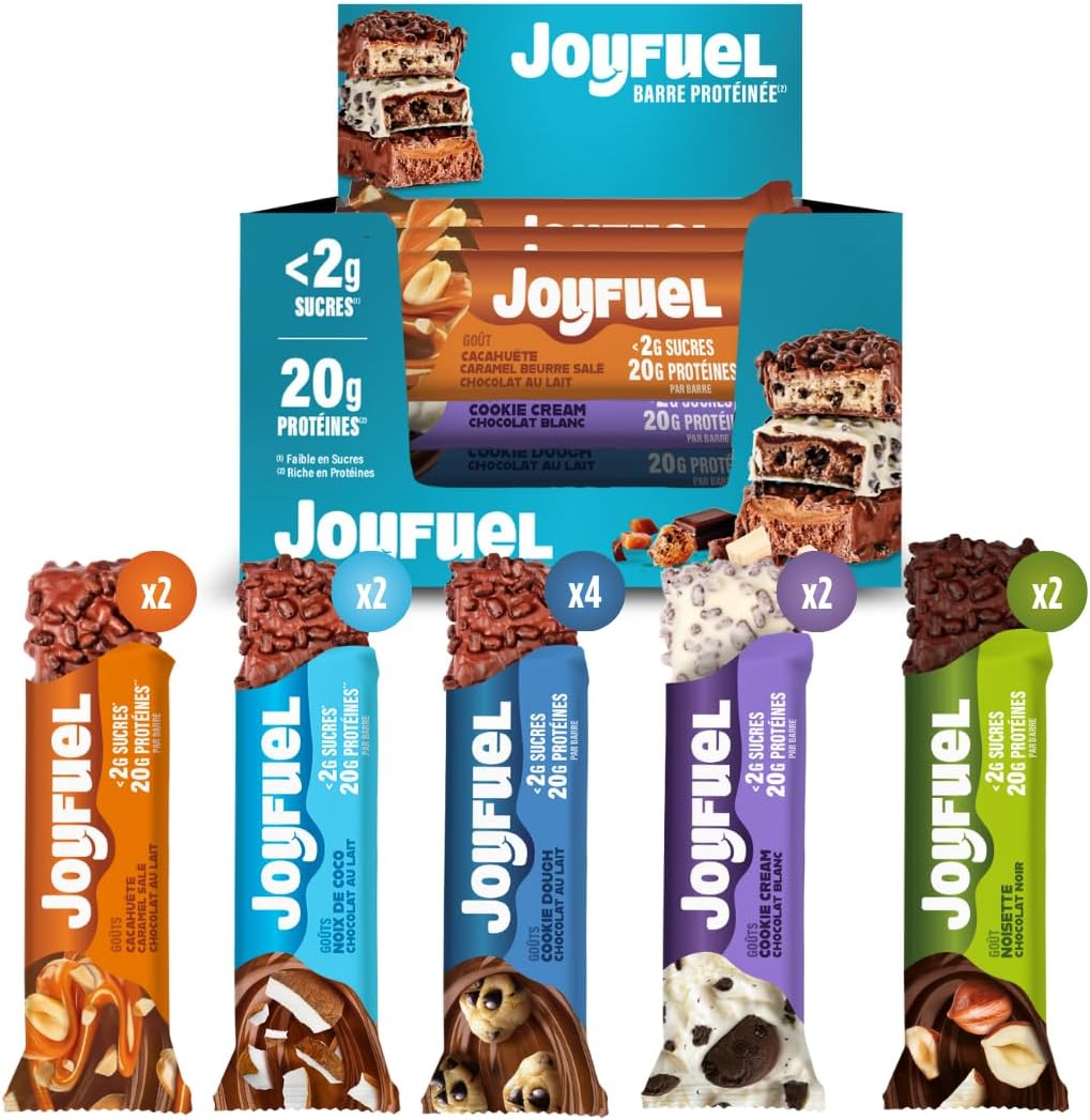 Coffret panachée de 12 Barres Protéinées de 55gr -Découvrez l'assortiment des barres JOYFUEL au Chocolait au lait, noir ou blanc <2g de sucre - 20g de protéines