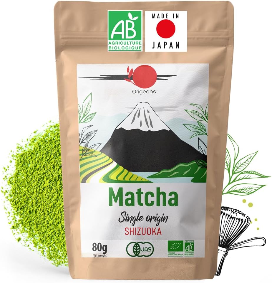 Thé Matcha Bio Japonais - Single Origin Shizuoka - Poudre de Thé Vert Matcha Bio - Sachet 80gr - Matcha Tea