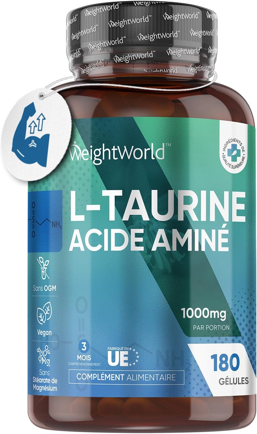 L-Taurine 1000mg Par Portion - 180 Taurine Gelules Vegan (3 Mois) - Taurine Pure Acide Aminé pour Sportifs - Nutrition Workout, Pre & Post-Entraînement, Sans Stéarate de Magnesium, WeightWorld