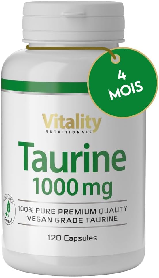 Taurine Gélules avec 1000 mg (120 gélules, 4 mois), Pre Workout sans Caféine, Acide Aminé, Sans Lactose, Sans Gluten, Sans Levure, Vegan Complément alimentaire Vitality Nutritionals de VitaminExpress