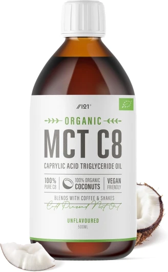 Huile C8 MCT bio – 500 ml – 100% pure pressée à froid – Huile de noix de coco de qualité supérieure, provenant de sources durables, à ajouter aux cafés ou milkshakes, stimule les cétones 3 fois plus