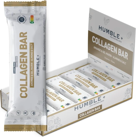 Barres Proteinées au Collagène (5g) et Protéines (12g) - Goût Amandes - Pack de 12 barres x 46g - Riche en Fibres, Sans sucre ajouté, Sans gluten, Sans huile de palme - Humble+