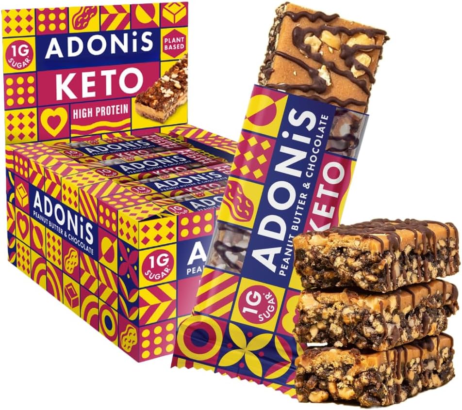 Barres Adonis Keto Riches en Protéines au Beurre de Cacahuètes et Chocolat (16 Barres de 45g) - Végétalien et Keto l 100% Naturel l Sans Gluten, Sans Sucre, Sans Huile de Palme, Sans Lactose l Faible