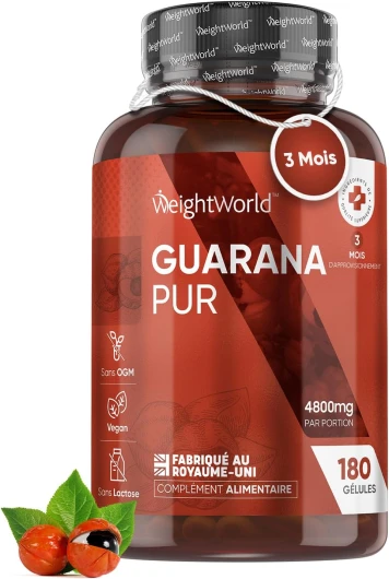 Guarana Pur 4800 Mg - 180 Gélules - Source Naturelle De Caféine, Vitamine C, E, A, B1, B2, Calcium - Complement Pre Workout Puissant, Alternative Au Guarana En Poudre & Café Régulier, Antioxydant