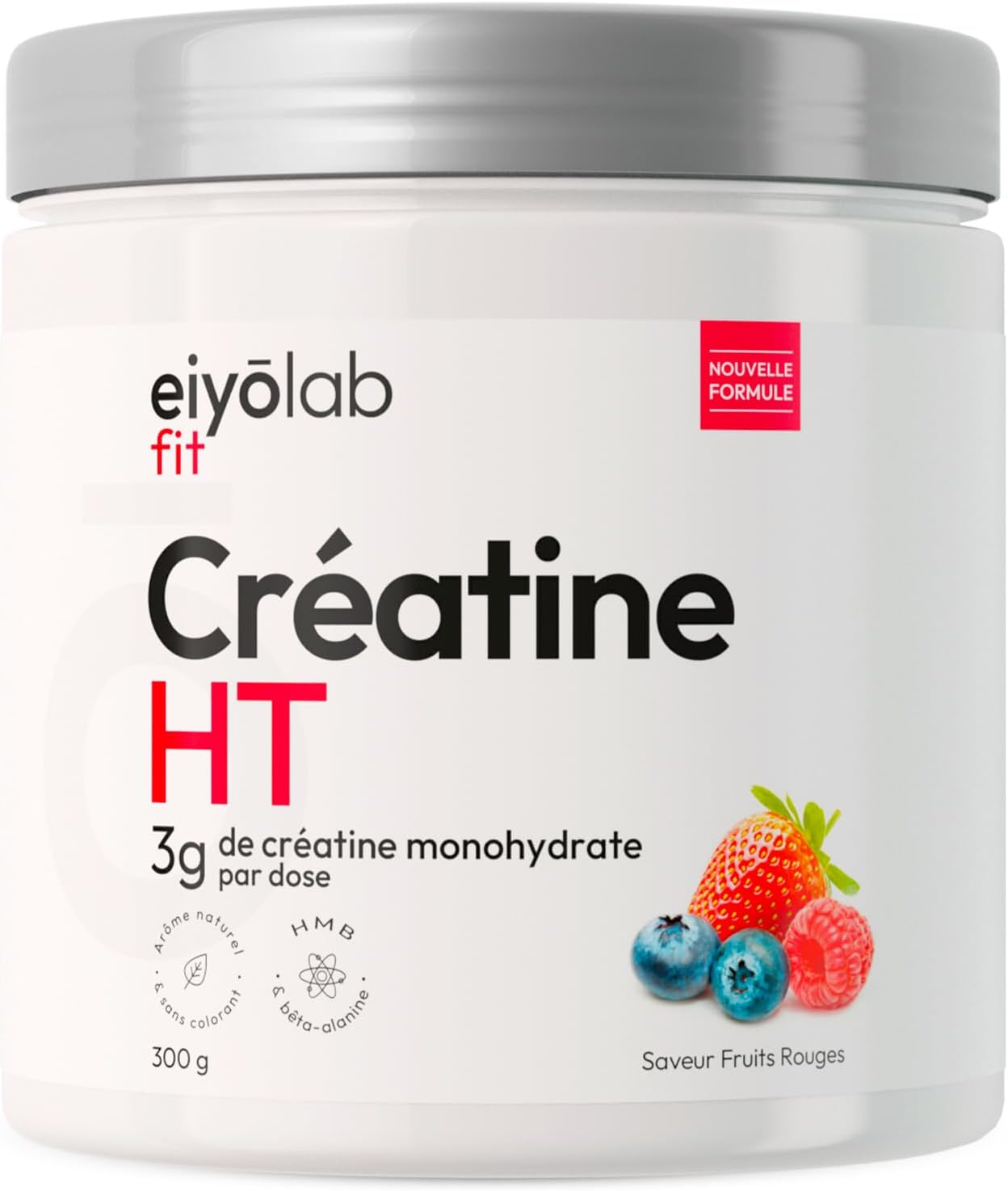 CREATINE HT - Créatine Monohydrate Pure en Poudre - Enrichie en Bêta-Alanine et HMB - Booster de Performances Musculaires - Sans Additifs - Mélange Facile Saveur Fruits Rouges - 300g - Eiyolab