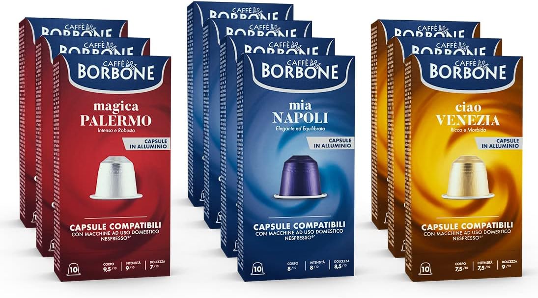 Kit de Dégustation 100 Capsules en Aluminium: 40 Mia Napoli, 30 Ciao Venezia, 30 Magica Palermo - (10 paquets de 10) - Compatibles avec les machines à café à usage domestique Nespresso*