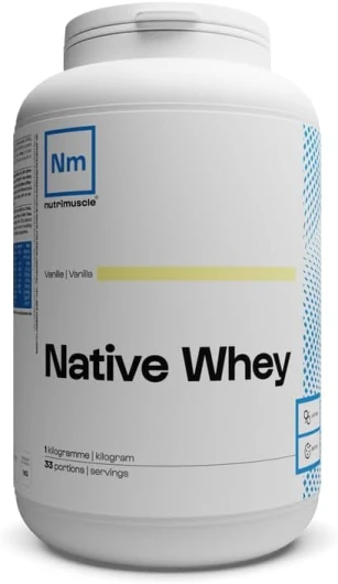 Whey Native 1kg Vanille - Protéine Whey jusqu'à 80% de protéines par dose - 28,6 g de Protéines par does - Lait français - Musculation et Fitness - Prise de Muscle