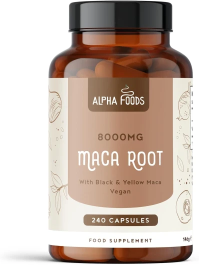 Maca Noire et Jaune 8000mg - 240 Gélules Vegan (8 Mois) - Poudre de Racine de Maca du Pérou Ginseng - Haute concentration Maca Noire 10:1 - Maca Root pour Homme et Femme - Alpha Foods