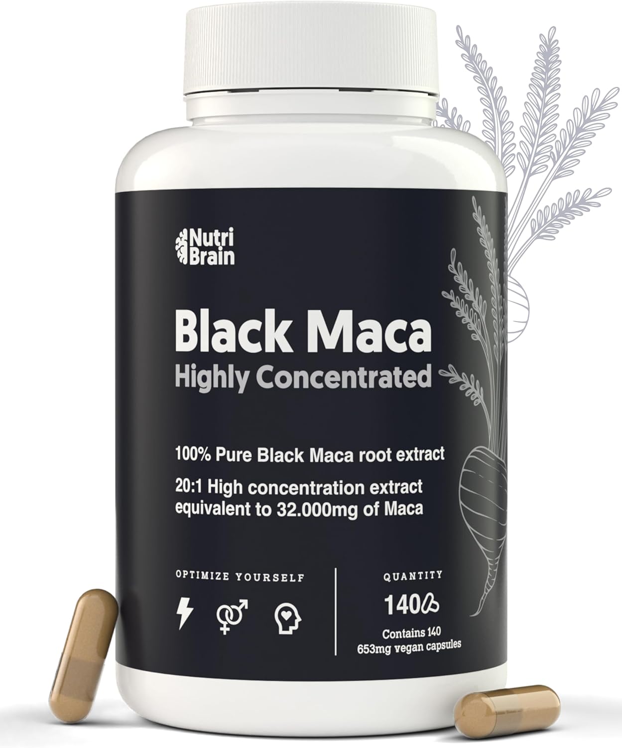 Maca Noire Andine Pure 32 000 mg Ultra-concentrée - 20:1 - Booste Énergie et l'Force - Améliore la Performance, la Mémoire et l'Vitalité - 140 Gélules Véganes Haute Puissance