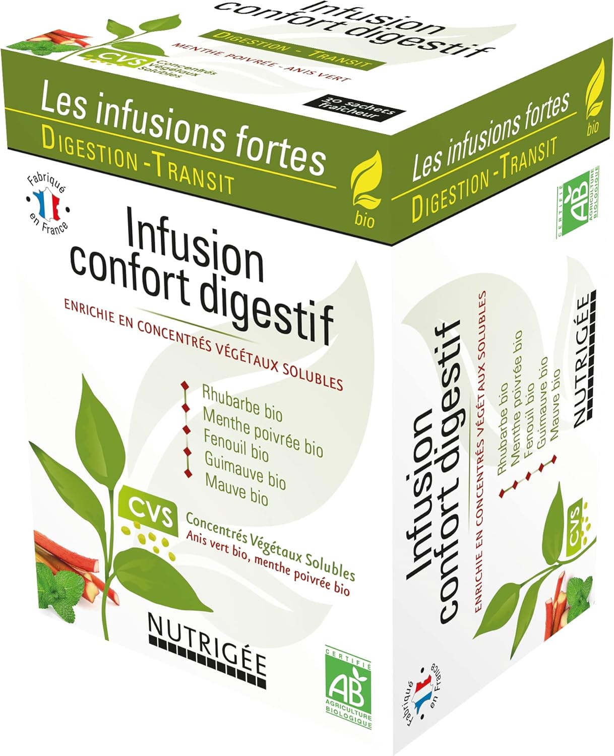 Infusion Confort Digestif Bio - Triple Action - Digestion, Transit & Ballonnements - Menthe Poivrée, Fenouil, Mauve, Guimauve, Rhubarbe - Riche En Concentrés Végétaux Solubles - 30 Sachets