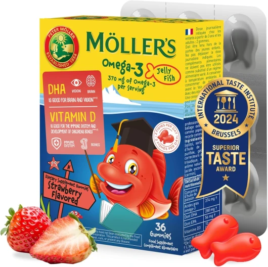 Moller’s ® - Omega 3 Pour Enfants - Huile de Poisson Omega 3 Avec DHA et EPA, Sans Gluten, Lactose ni Sucre Ajouté, et Facile à Mâcher - Saveur de Fraise - 36 Unités