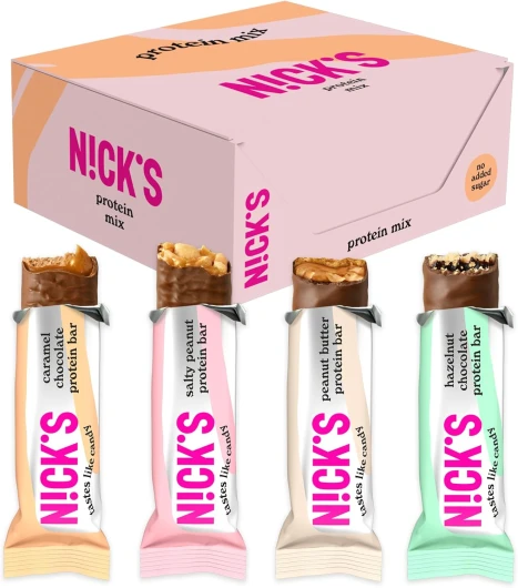 NICKS Coffret Barre Proteinée Keto Chocolat Sans Sucre Ajouté, Sans Gluten, Sans Huile de Palme - 4g Net carbs, 15g Protéines, 5g Collagène, Lowcarb (9 Barres x 50g - Protein bar Mix)