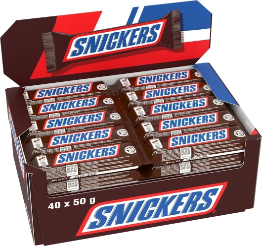 , Barres chocolat au lait fourrées cacahuète et caramel, Boite de 40 barres individuelles de 50g