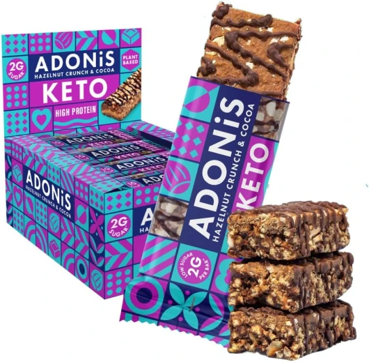 Barres Adonis Keto Riches en Protéines aux Noisettes Croquantes et Chocolat (16 Barres de 45g) - Végétalien et Keto l 100% Naturel l Sans Sucre, Sans Huile de Palme, Sans Lactose Faible