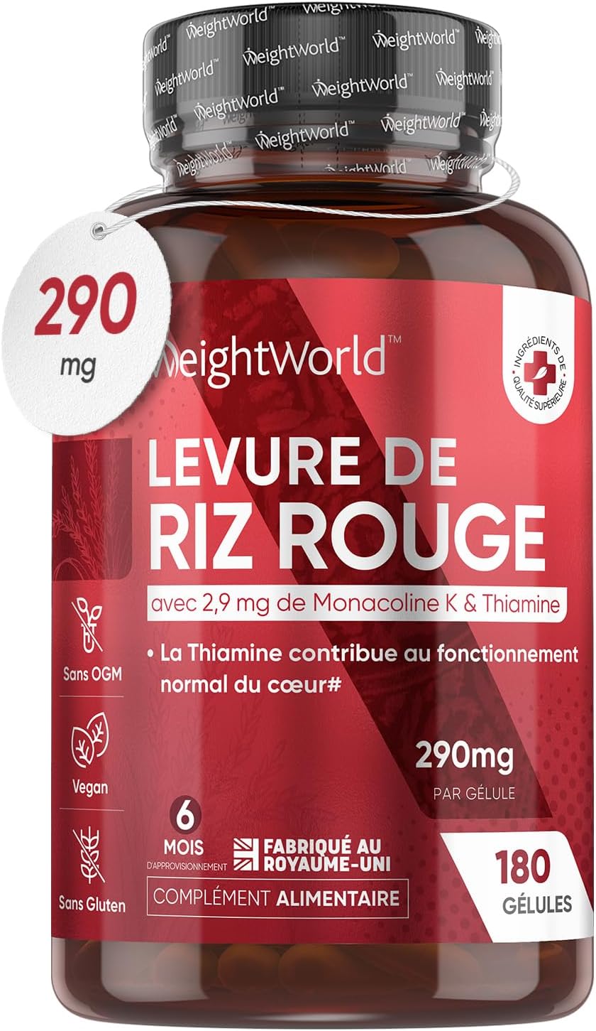 Levure de Riz Rouge 180 Gélules Végan, Pour 6 Mois Concentré à 290 mg - Taux de Cholestérol Dans le Sang & Fonctionnement Normal du Cœur (EFSA) Monacoline K, Coenzyme Q10 et Vitamine B1 Sans Gluten