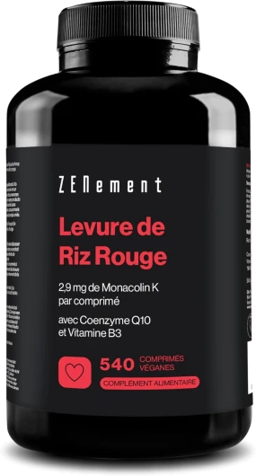 Levure de Riz Rouge, 2,9 mg de Monacolin K par comprimé, 540 Comprimés - avec Coenzyme Q10 et Vitamine B3 - Végan, Sans gluten, Sans citrinine - Zenement