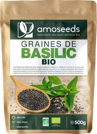 Graines de Basilic Bio 500G - Exclusivité Française - Satiété, Digestion, Détox, Peau - Similaires aux Graines de Chia - Qualité Supérieure