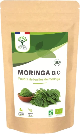 100% Feuille de Moringa Oleifera Bio - Bioptimal - En Poudre - Antioxydant Immunité Anti-Fatigue Cheveux - Vitamine A C E - Origine Kenya - Conditionné en France - Certifié Ecocert - 100 g