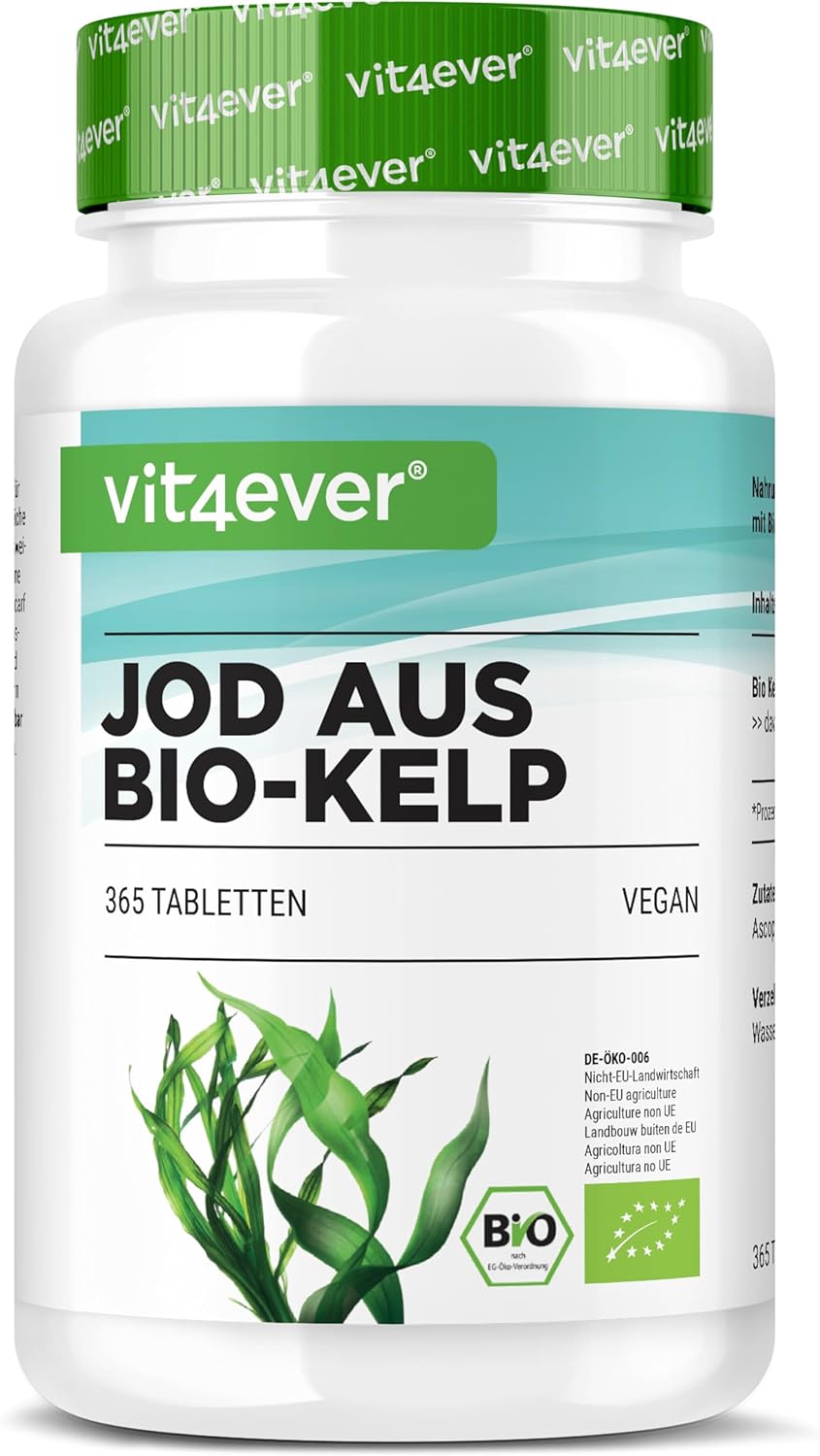 Kelp Bio (iode naturel) - 365 comprimés contenant chacun 200µg d'iode provenant d'algues brunes biologiques - Sans additifs indésirables - Fortement dosé - Vegan