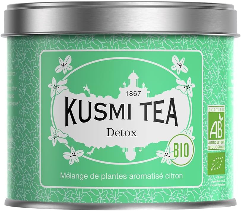 Detox Bio - Mélange Biologique de Thé Vert, de Maté et de Citron - À Déguster Chaud ou en Thé Glacé - Boîte Thé Métal 100g - Quantité pour environ 50 Tasses