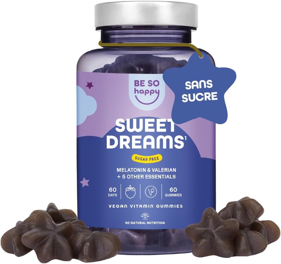 Mélatonine Gummies - 60 Jours - Avec de la Mélatonine, de la Valériane, de la Passiflore, de la Camomille, de la Lavande et de la Vitamine B6 - Goût de myrtille - Vegan - BeSoHappy®