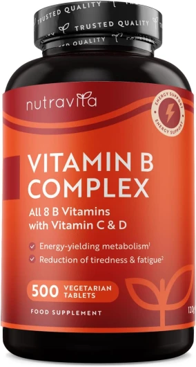Vitamine B Complex avec Vitamine C + Vitamine D - 500 Comprimés pour + 1 An de d'Utilisation - Les 8 Vitamines B + Biotine - Métabolisme, Fonction Psychologique, Système Nerveux (EFSA) - Nutravita