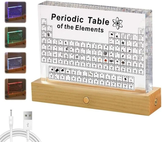 PEALOV Tableau Périodique avec Vrais éléments,Table Périodique Acrylique de 83 éléments,Affichage du Tableau Périodique en Acrylique avec Base de Lumières LED Colorées,Tableau des Elements Periodiques