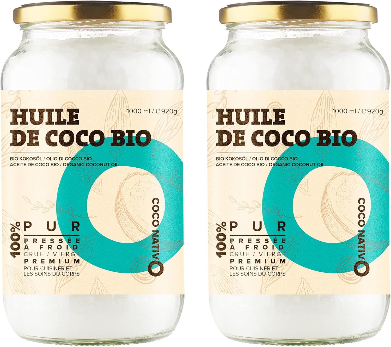 Huile de coco Bio CocoNativo 2x1000ml (2L) - Huile Coco - Coconut Oil - Extra Vierge et non Raffinée, Pure et 100% Bio - Idéale Pour Les Cheveux, Le Corps et Comme Aliment
